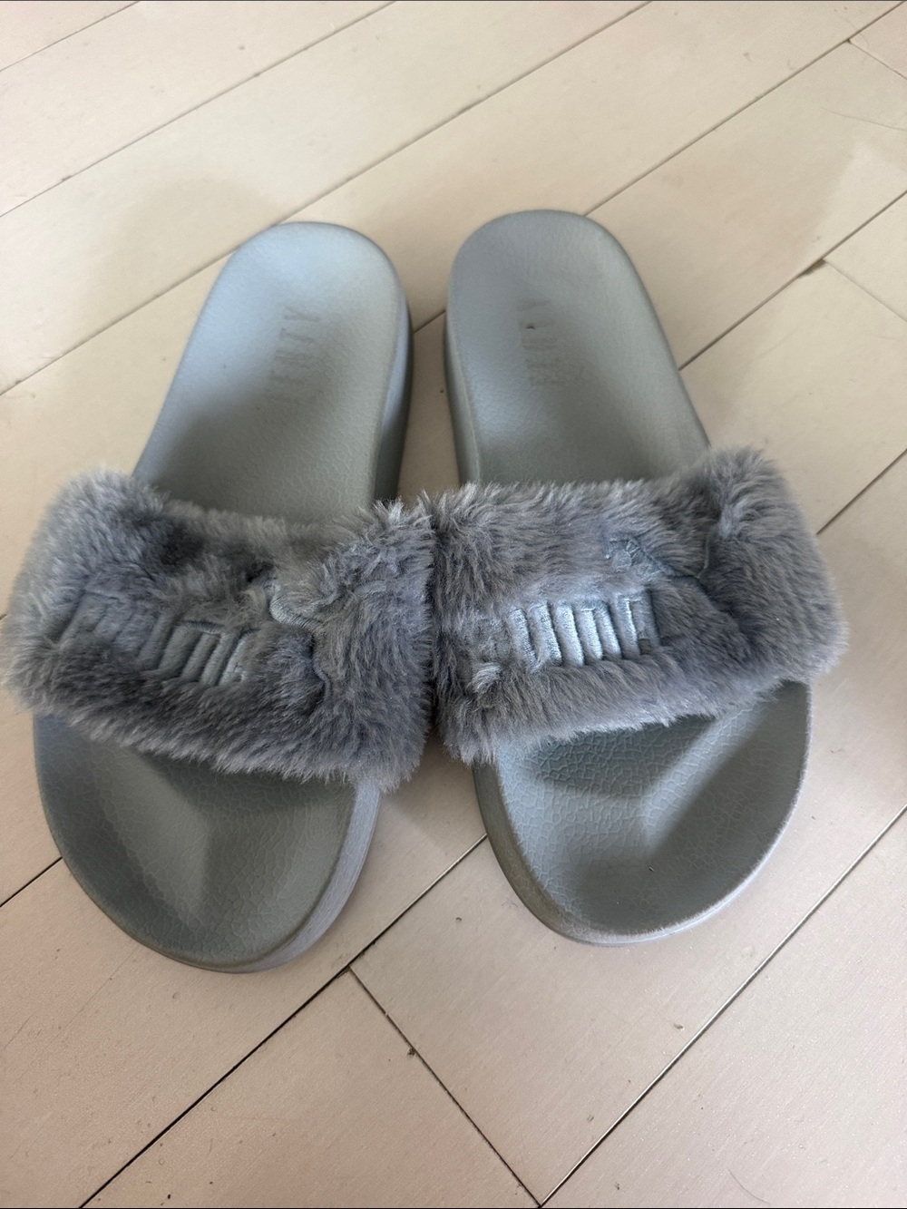 Puma Gray Faux Fur Slide Sandals